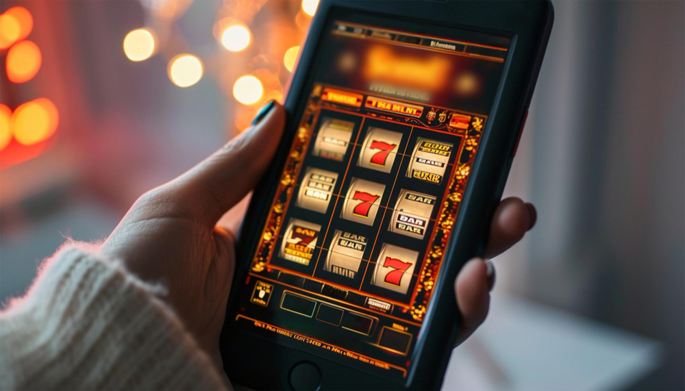 Hand holding smartphone with rotating casino slot machine